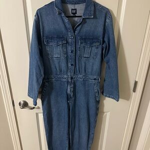 GAP Blue Denim Jumpsuit Button Down Front and Button Cinch at Waist